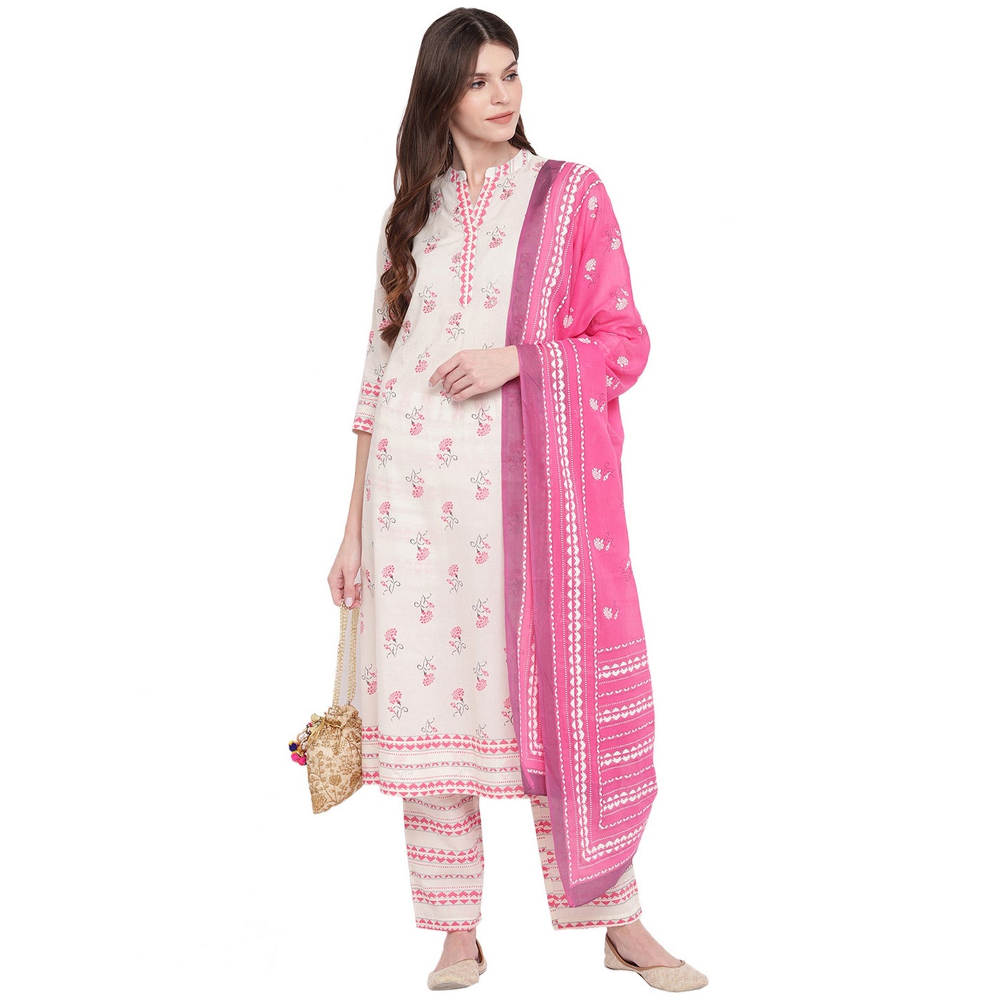 Women's White & Red Cotton Kurta With Palazzo & Dupatta By Vbuyz (3