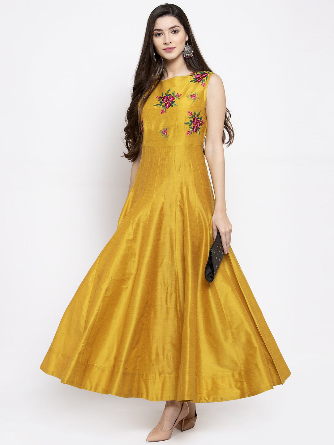 Women's Mustrad Yellow Foral Ethnic Maxi Dress