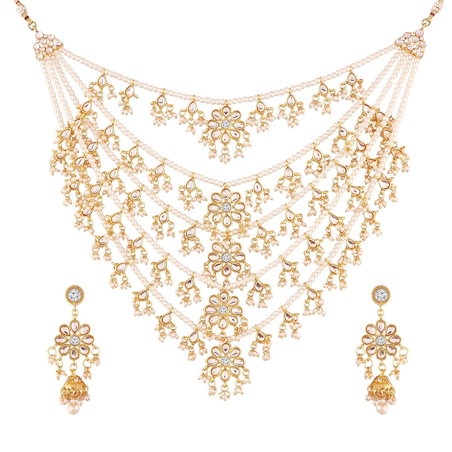 Women's Gold Plated Multi Strand Floral Kundan & Pearl Beaded Necklace Set