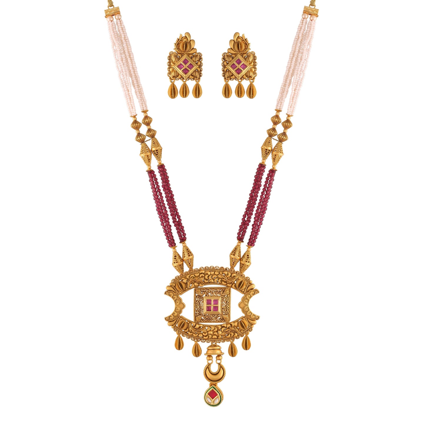 Women's 18K Gold Plated Traditional Long Beaded Brass Jewellery Set with Uncut Polki Kundan