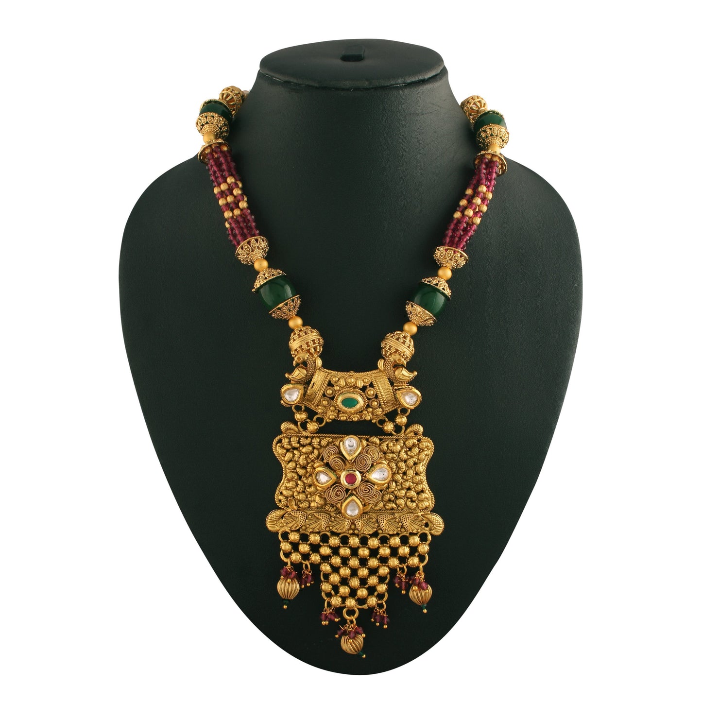 Women's 18K Gold Plated Traditional Long Beaded Brass Jewellery Set with Uncut Polki Kundan