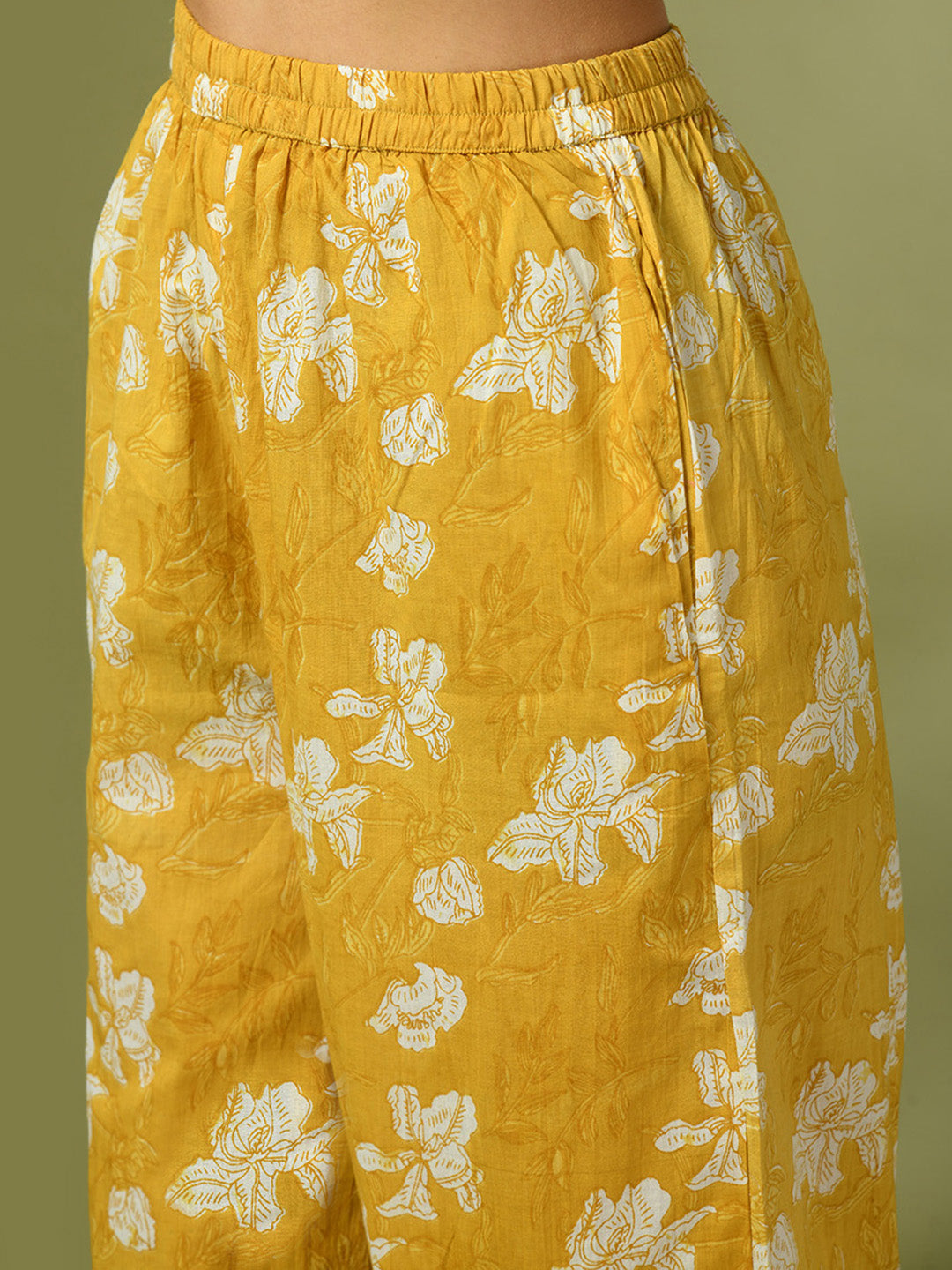 Women's Yellow Printed Cotton Round Neck Party Tunic With Trousers Co-Ord Set