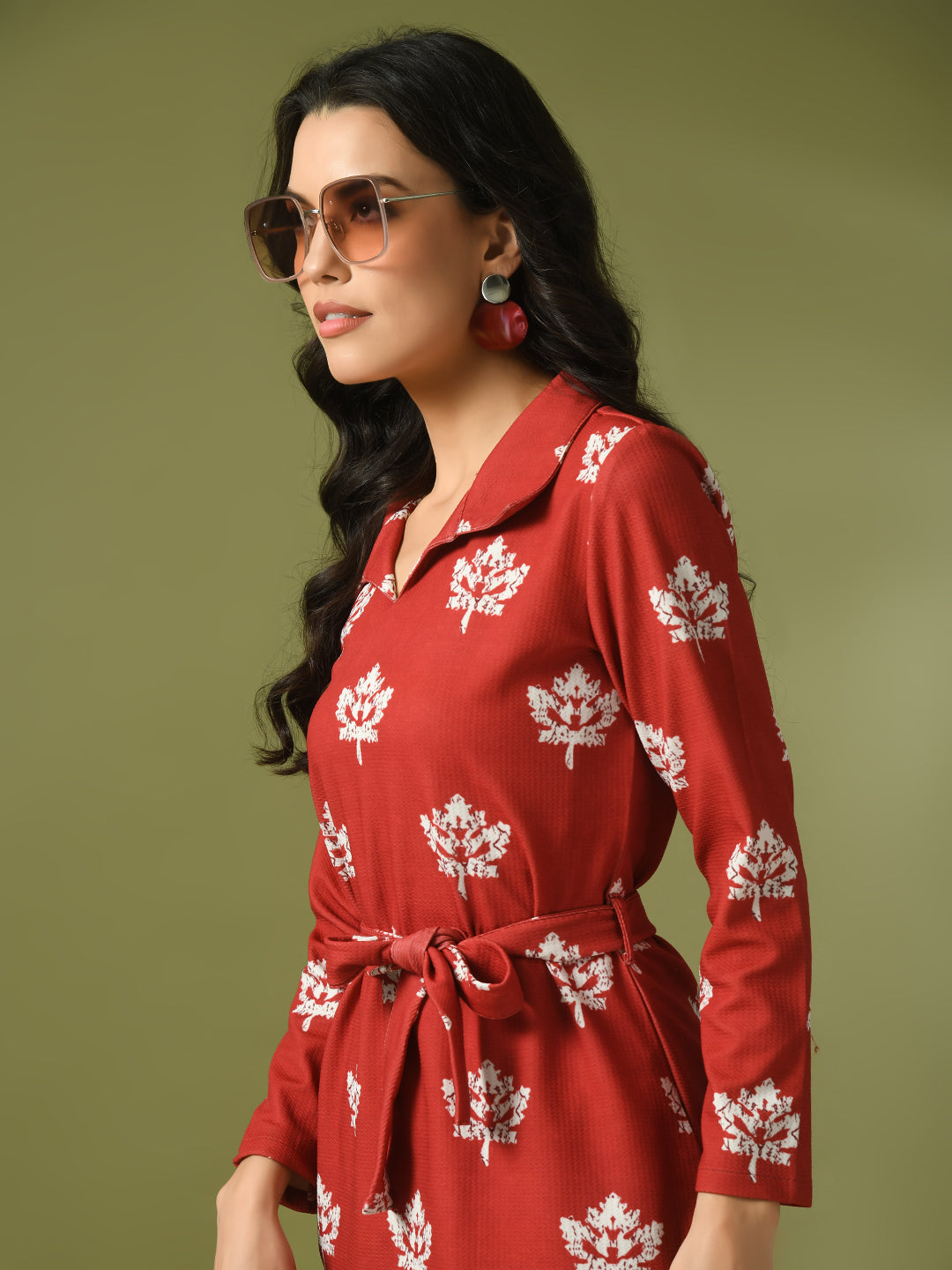 Women's Rust Printed Polo Collar Party Top With Trousers Co-Ord Set