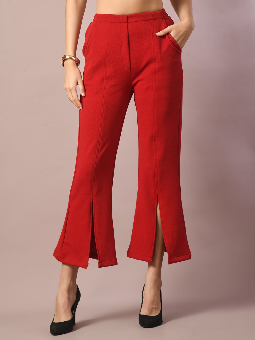Women's Red Solid Boat Neck Party Top With Trousers Co-Ord Set