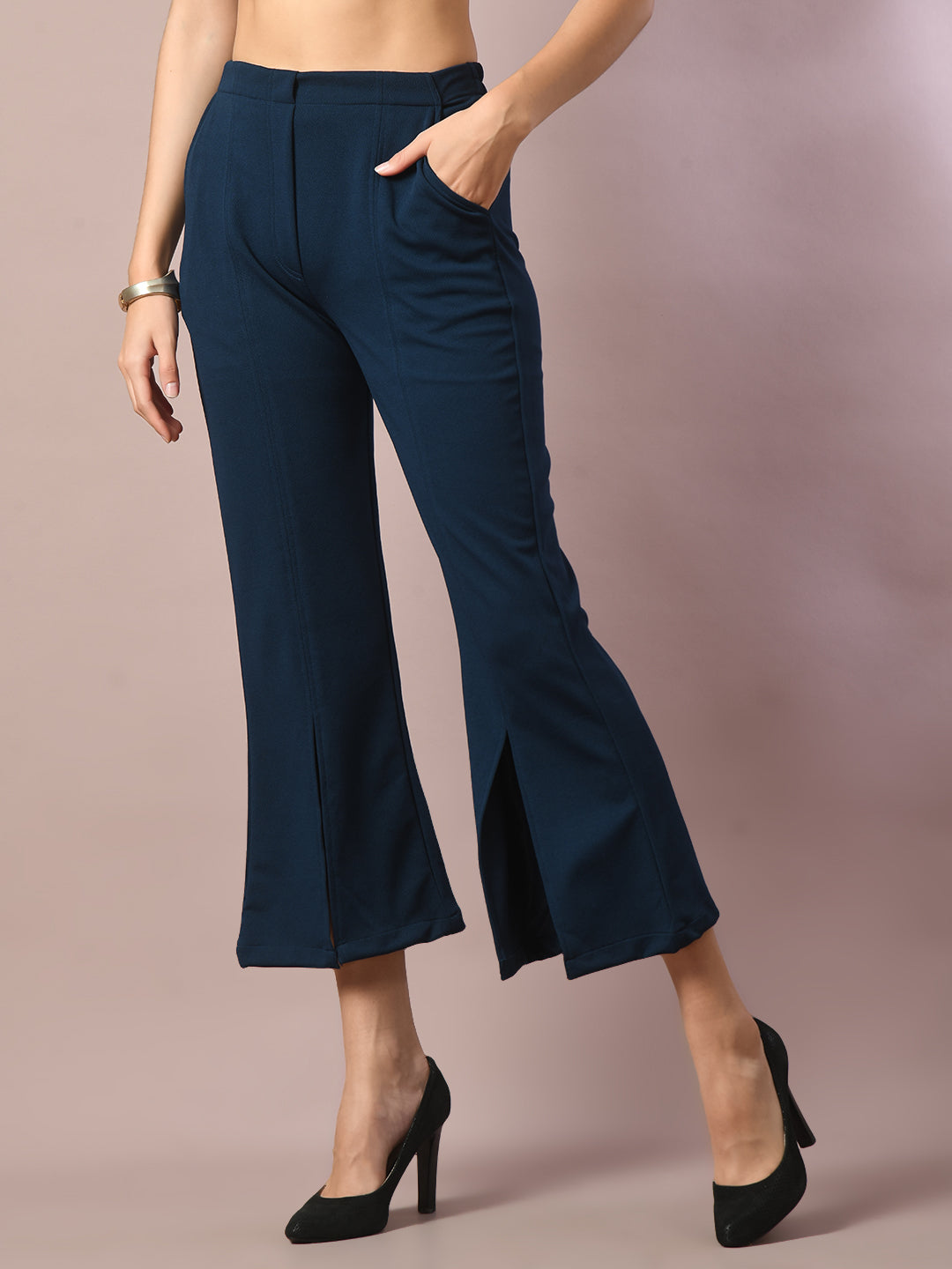 Women's Blue Solid Boat Neck Party Top With Trousers Co-Ord Set