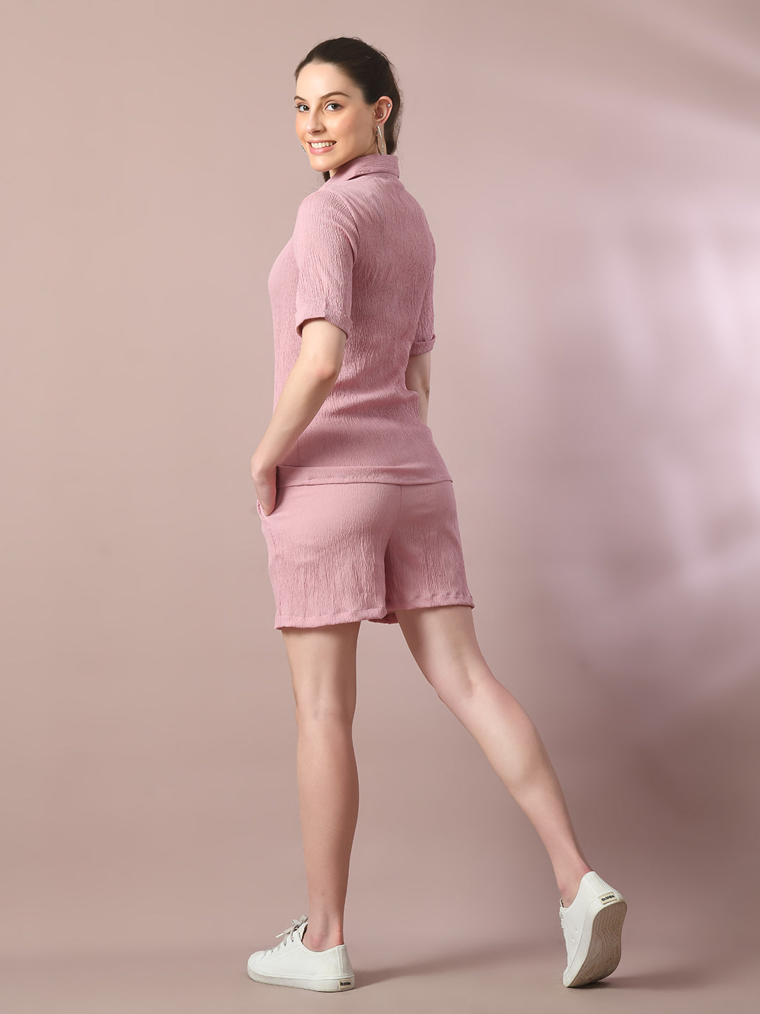 Women's Pink Solid Shirt Collar Party Shirt With Shorts Co-Ord Set