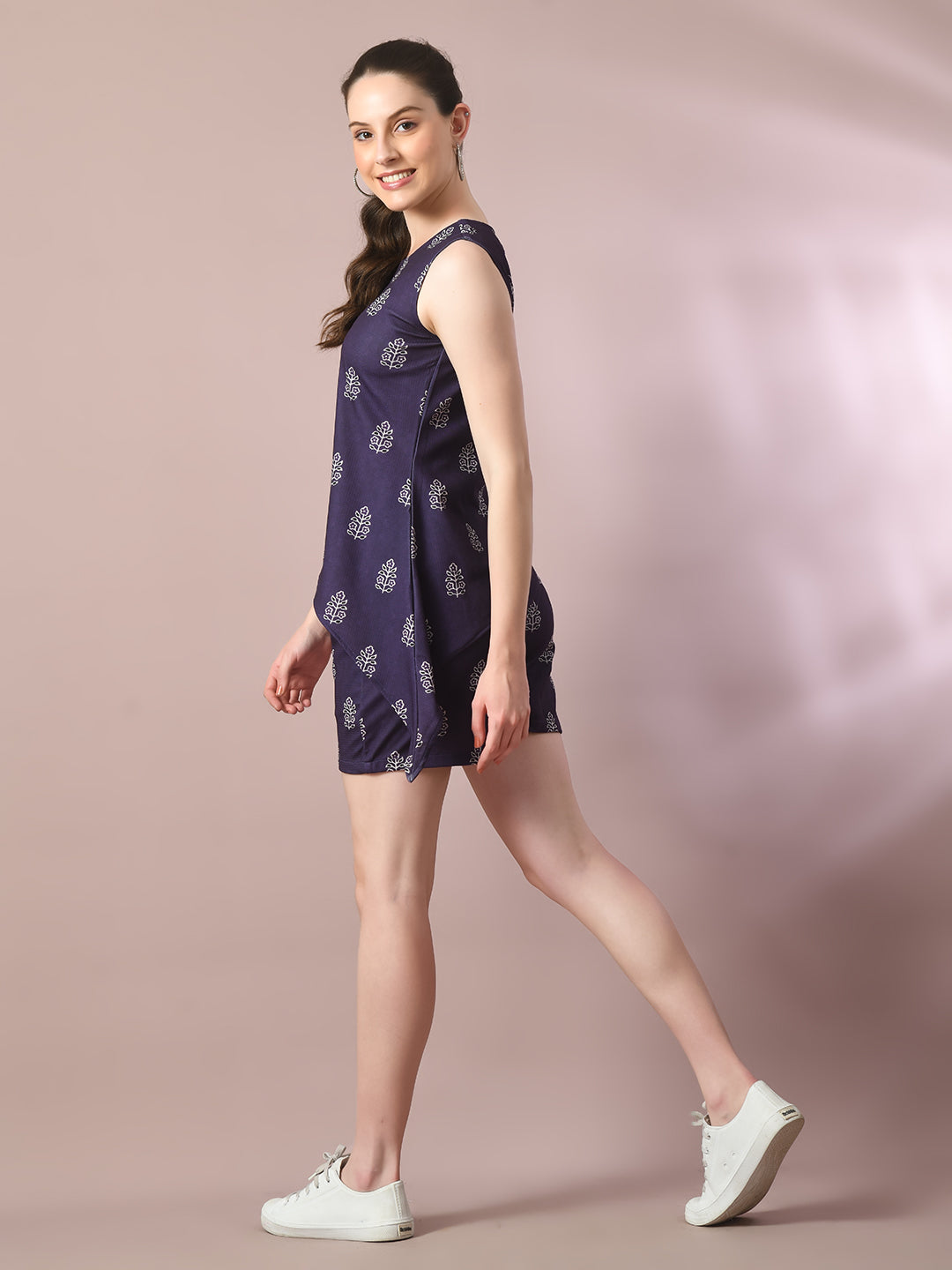 Women's Blue Printed Round Neck Party Top With Shorts Co-Ord Set