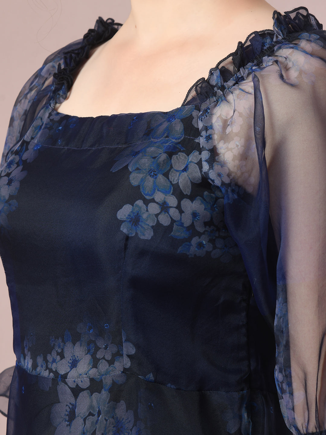 Women's Navy Blue Printed Square Neck Fit And Flare Party Dress
