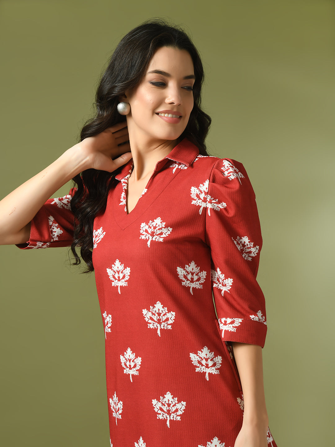 Women's Rust Printed Shirt Collar Fit And Flare Party Dress