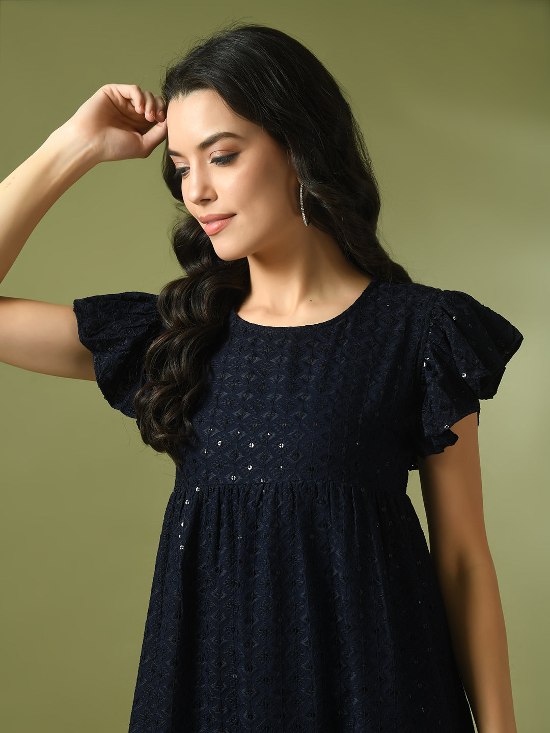 Women's Navy Blue Embroidered Cotton Round Neck A-Line Party Dress