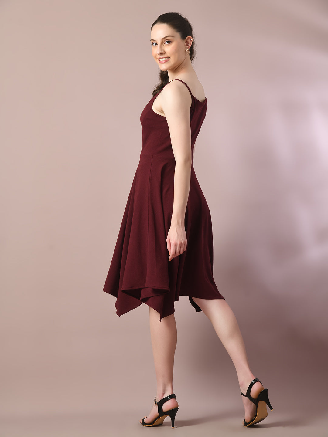 Women's Maroon Solid Shoulder Straps Fit And Flare Party Dress