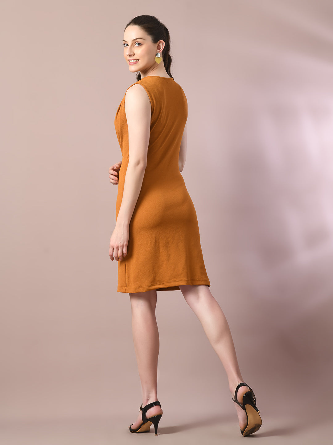 Women's Mustard Solid Cowl Neck Bodycon Party Dress
