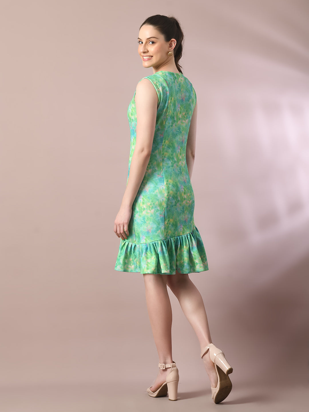 Women's Multi Printed Round Neck Fit And Flare Party Dress