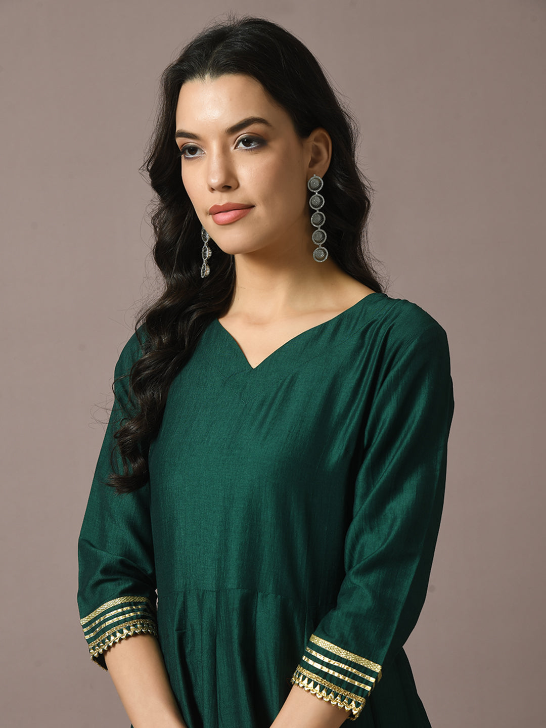 Women's Green Solid Silk Anarkali Party Kurta