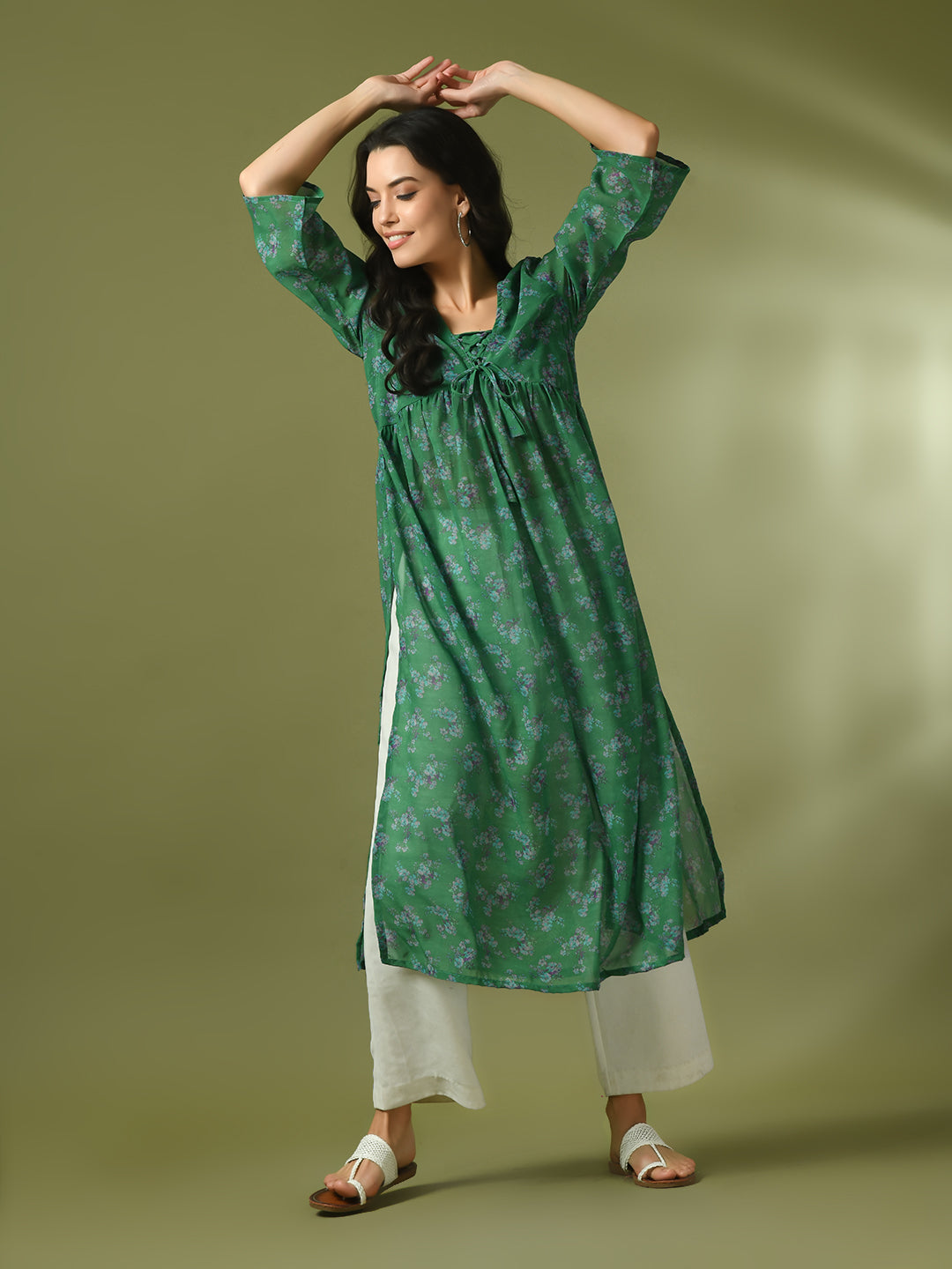 Women's Green Printed Georgette A-Line Nyra-Cut Kurta