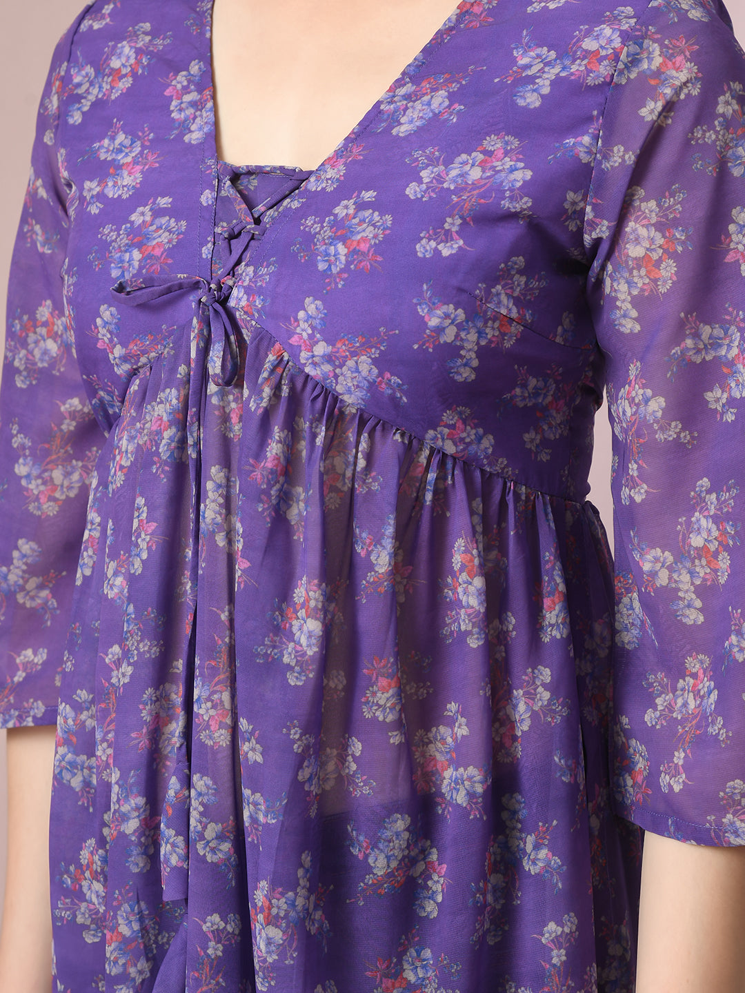Women's Purple Printed Georgette A-Line Nyra-Cut Kurta