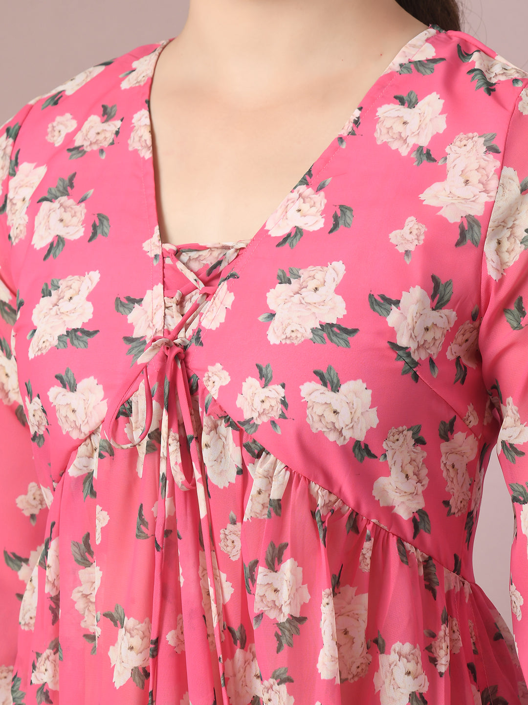 Women's Pink Printed Georgette A-Line Nyra-Cut Kurta