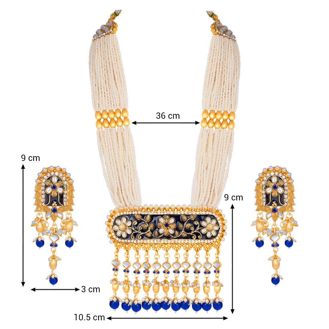 Women's traditional gold plated kundan pearl multi layered blue meena work longnecklace earrings set ml181bl