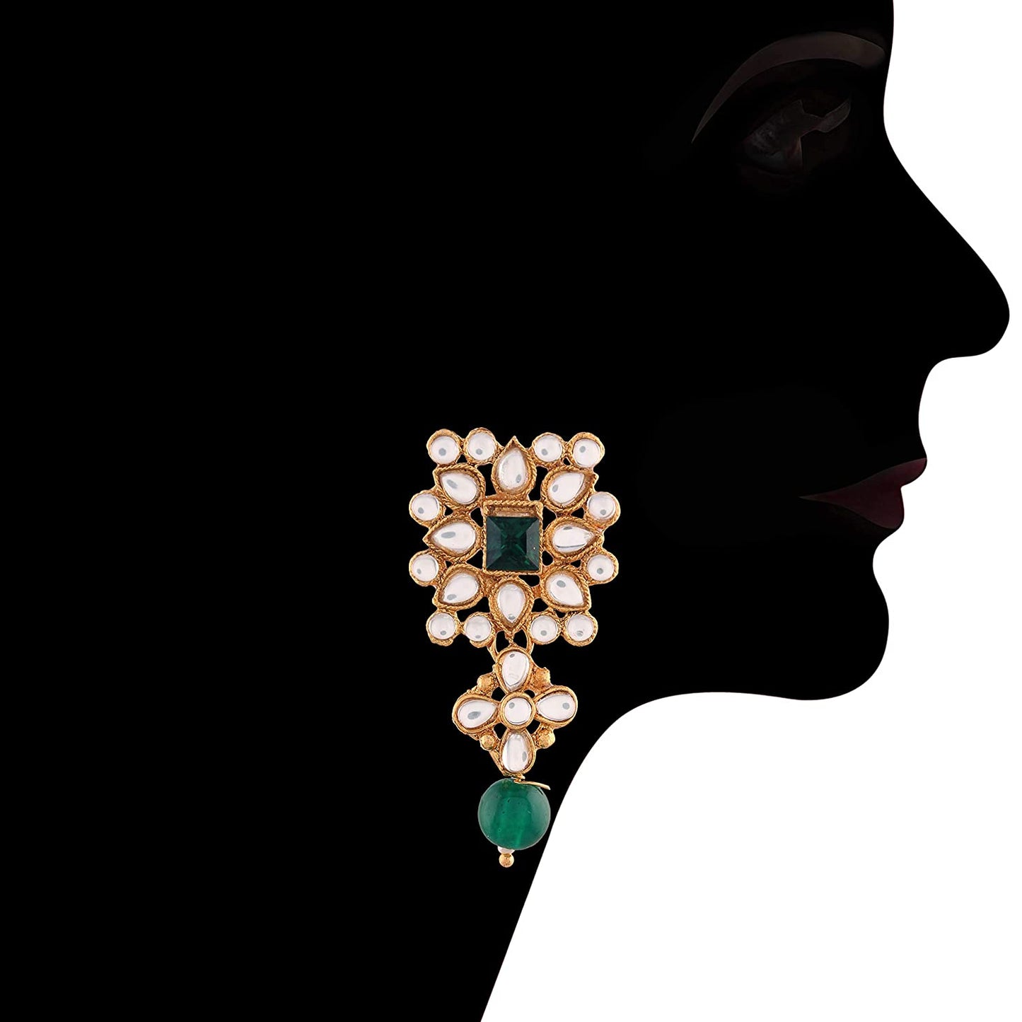 Women's Gold Plated White & Green Pearl & Kundan Studded Choker Necklace Set with Earrings & Maang Tikka