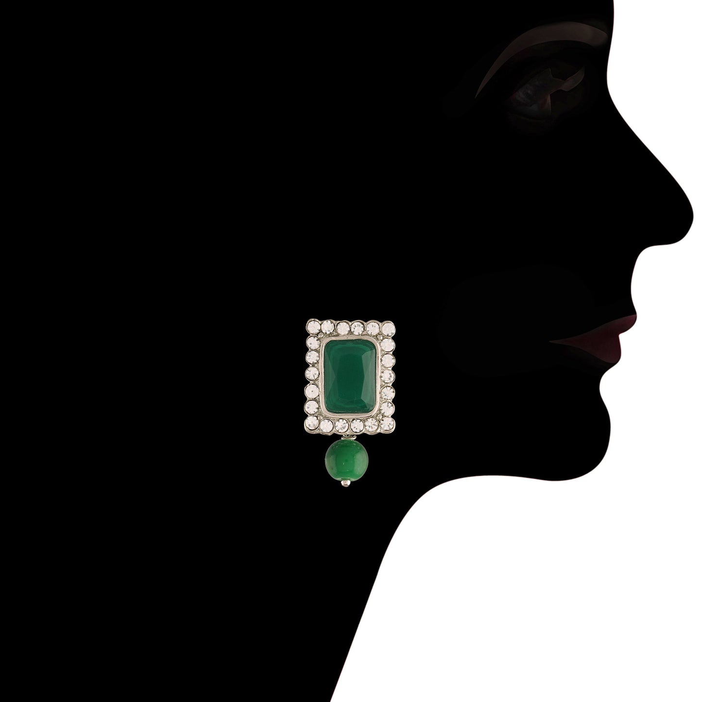 Women's Rhodium Plated Green Stone Studded Pearl Choker Necklace Jewellery Set With Earrings