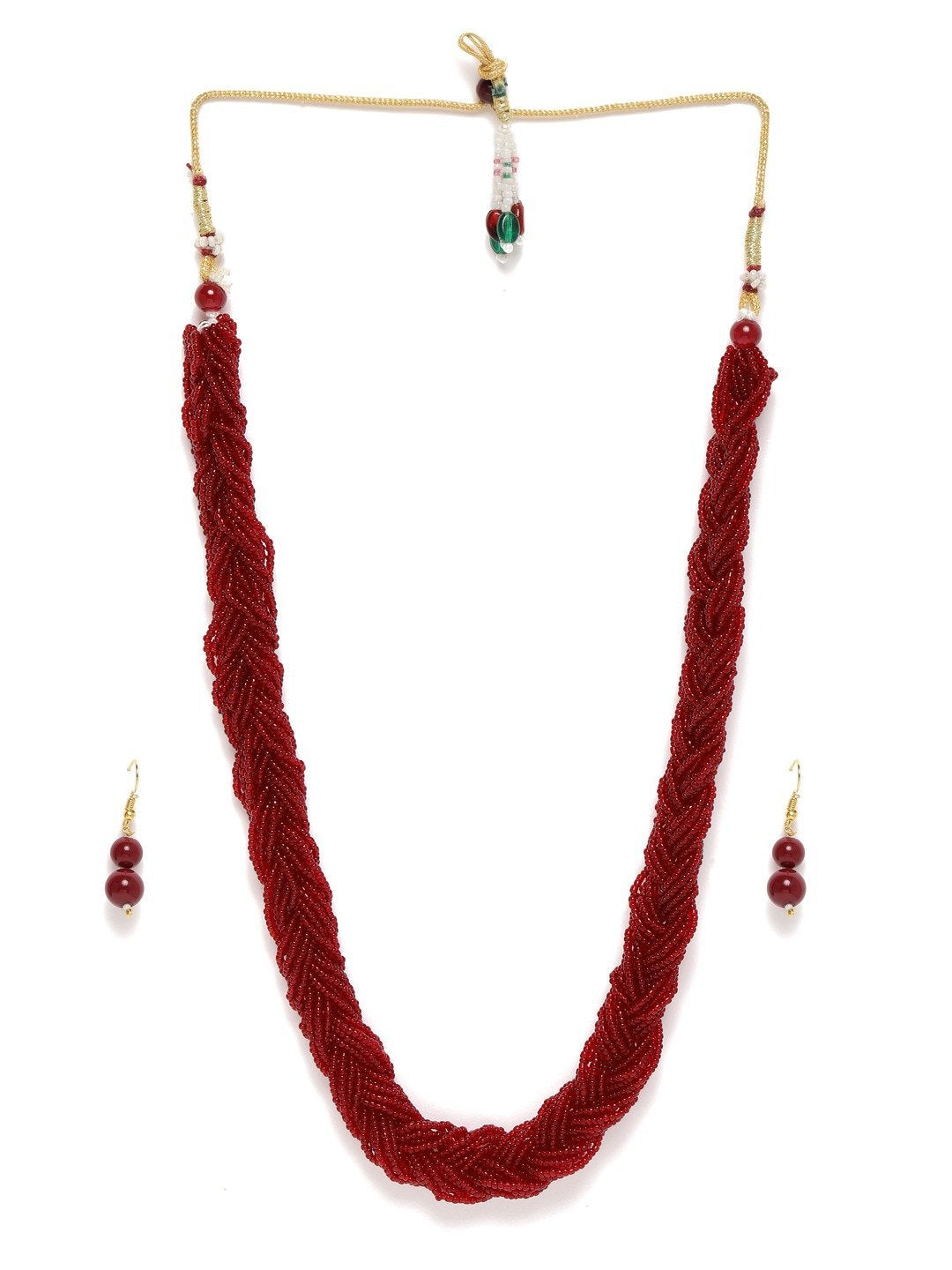 Women's Designer Ruby Twisted Beads Long Necklace Set With Earrings