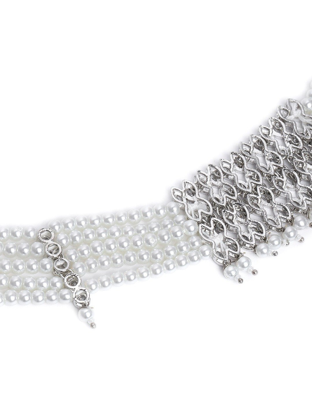Women's Silver Plated White Crystal Beads with Stone Studded Choker Necklace Set