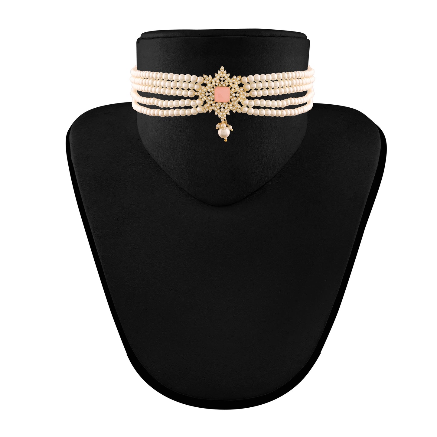 Women's Gold Plated Pink CZ Crystal Stone with Pearl Choker Necklace Set