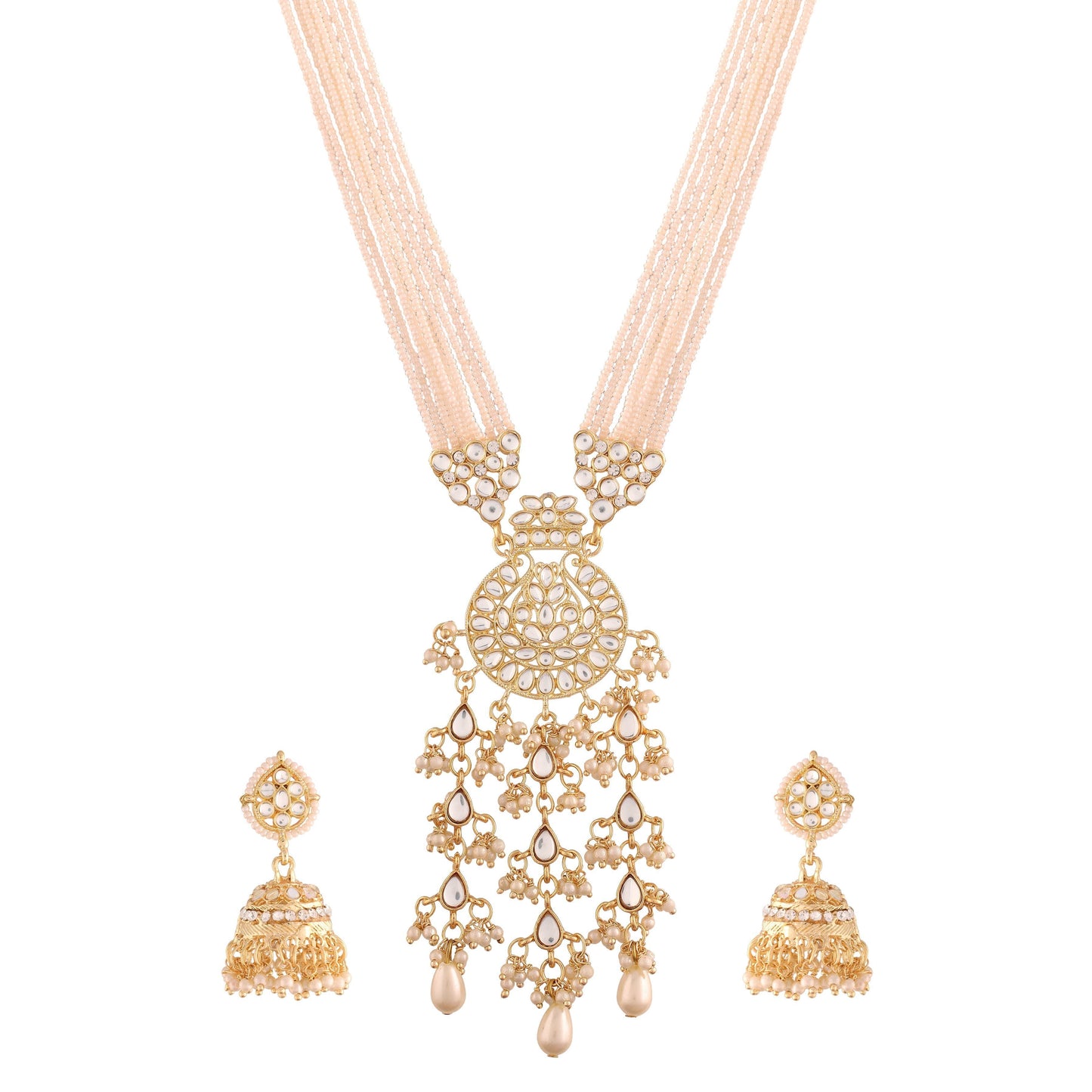 Women's Gold Plated White Ethnic Kundan Pearl Studded Long Necklace Set