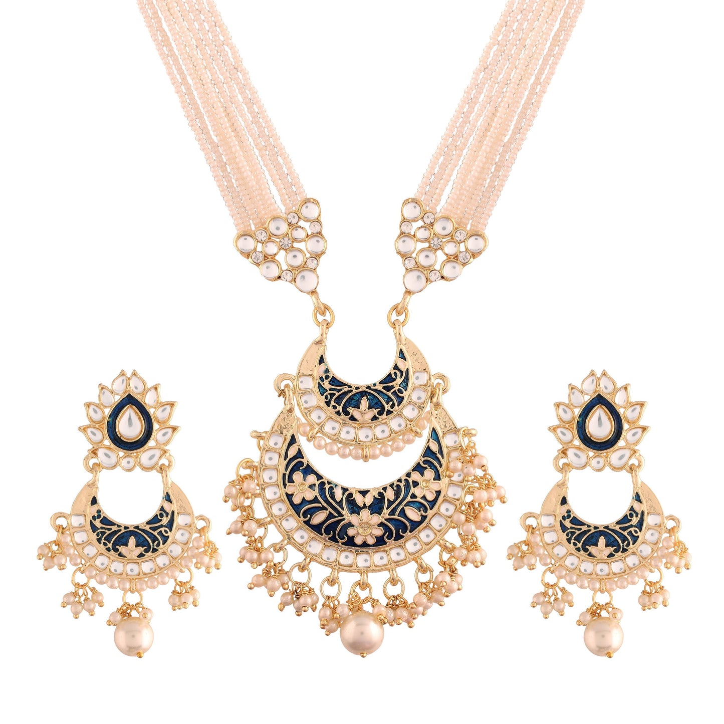 Women's Gold Plated Blue Ethnic Kundan Pearl Studded Meenakari Long Necklace Set