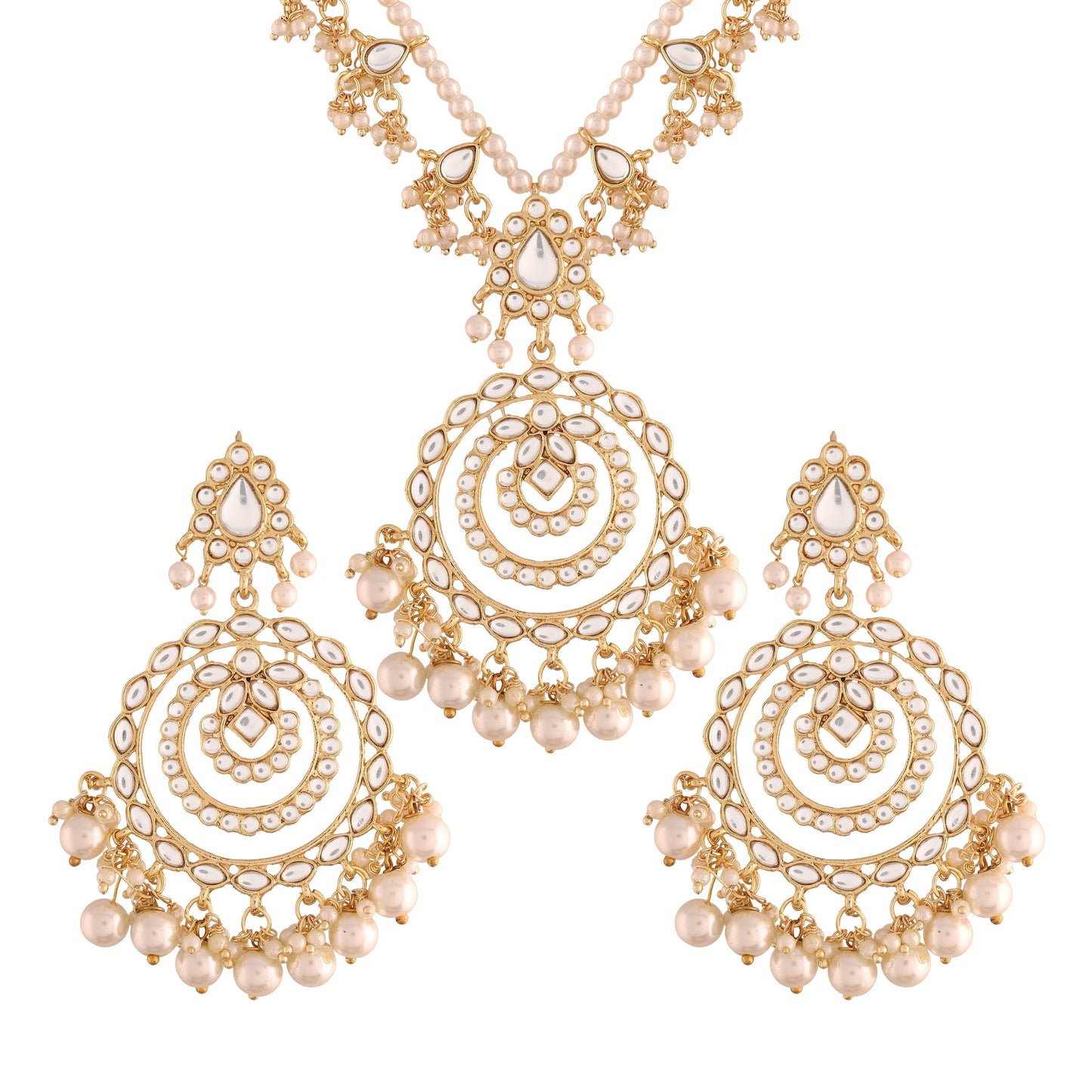 Women's Gold Plated White Ethnic Multi Layer Kundan Pearl Studded Long Necklace Set