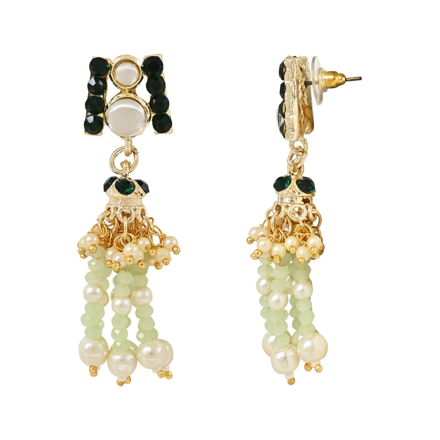 Women's Gold Plated Traditional Kundan & Stones Studded Mint Onyx Beads Multistrand Necklace With Earrings, Maang Tikka & Finger Ring Set