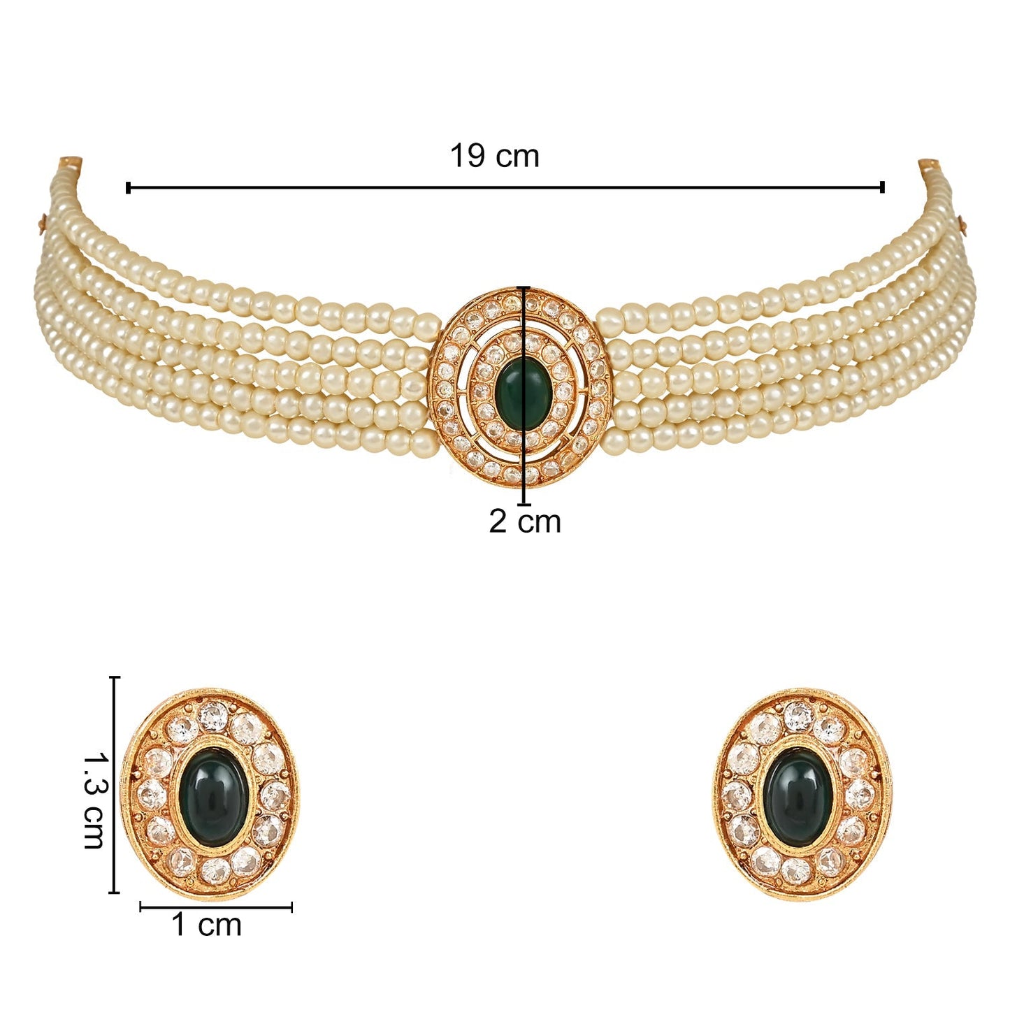 Women's 18K Gold Plated Traditional Handcrafted Stone Studded Pearl Choker Necklace Jewellery Set With Earrings