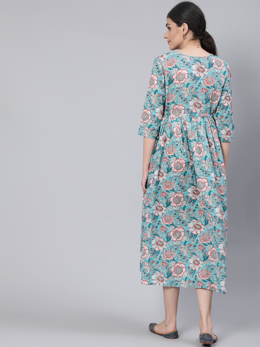 Women's Blue Floral Printed Maternity Dress With Three Quarter Sleeves