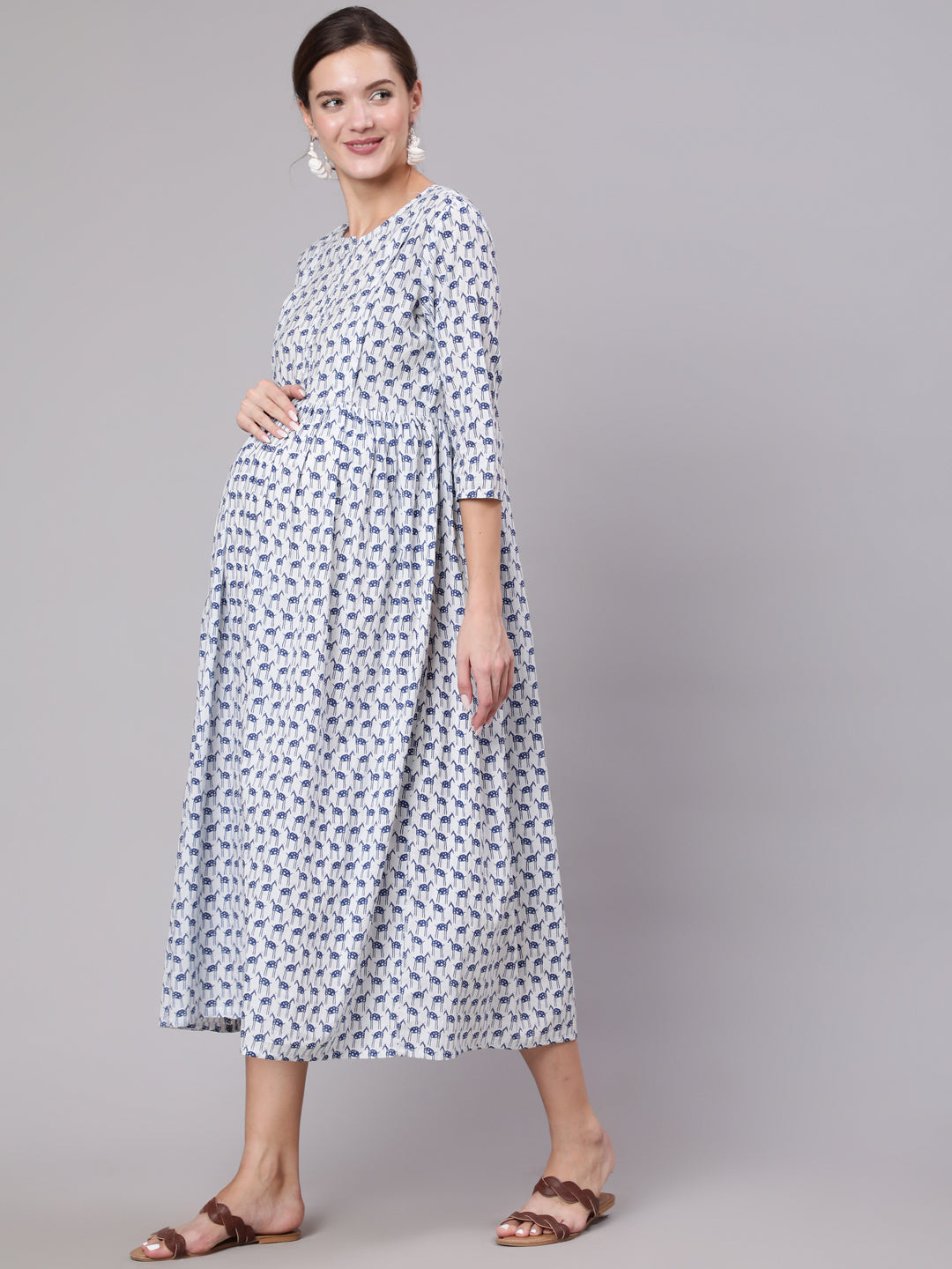 Women's White And Blue Animal Printed Flared Maternity Dress