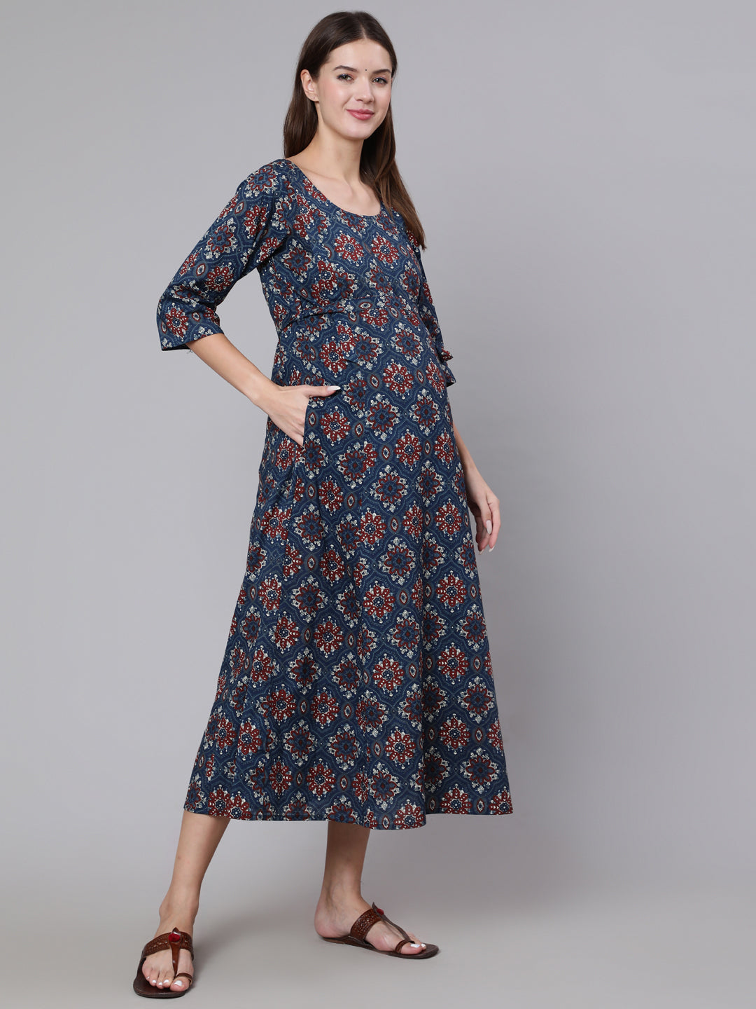 Women's Navy Blue Ethinc Printed Flared Maternity Dress