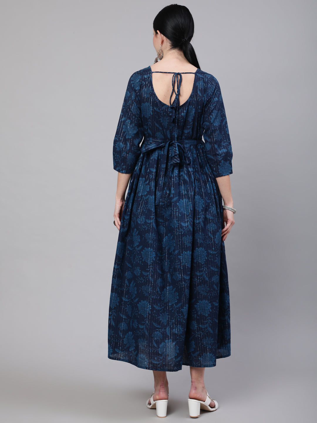 Women's Navy Blue Ethinc Printed Flared Maternity Dress