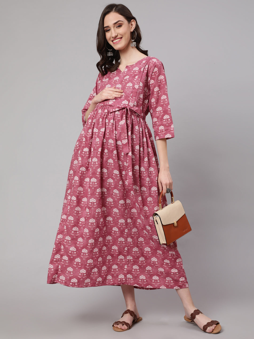 Women's Pink Floral Printed Flared Maternity Dress