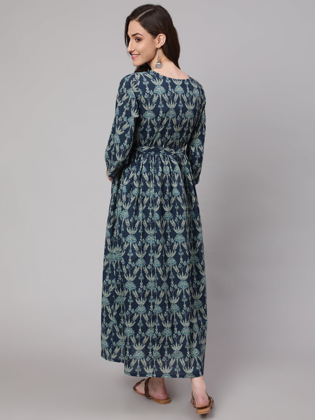 Women's Blue Printed Flared Maternity Dress