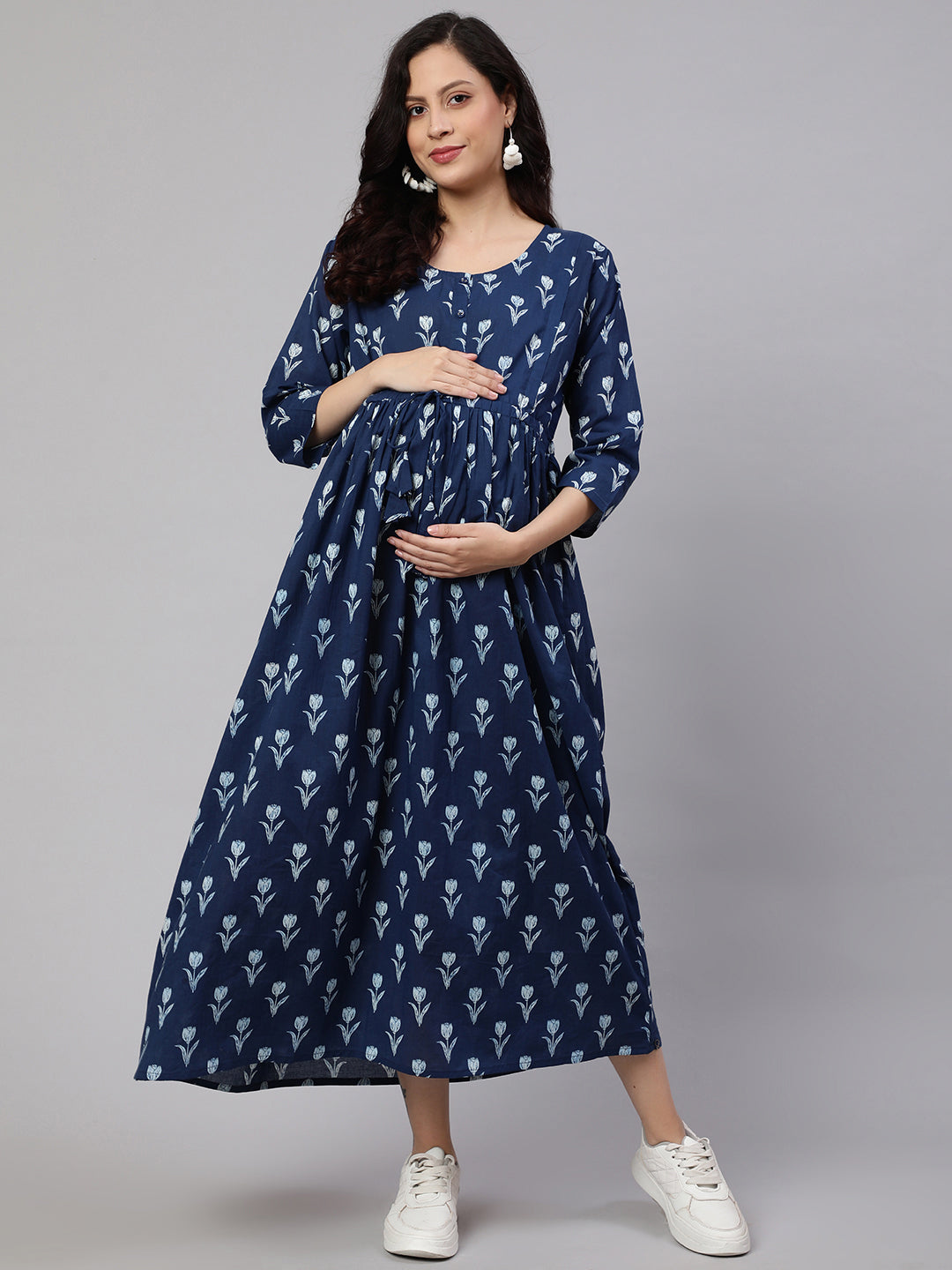 Women's Blue Floral Printed Flared Maternity Dress