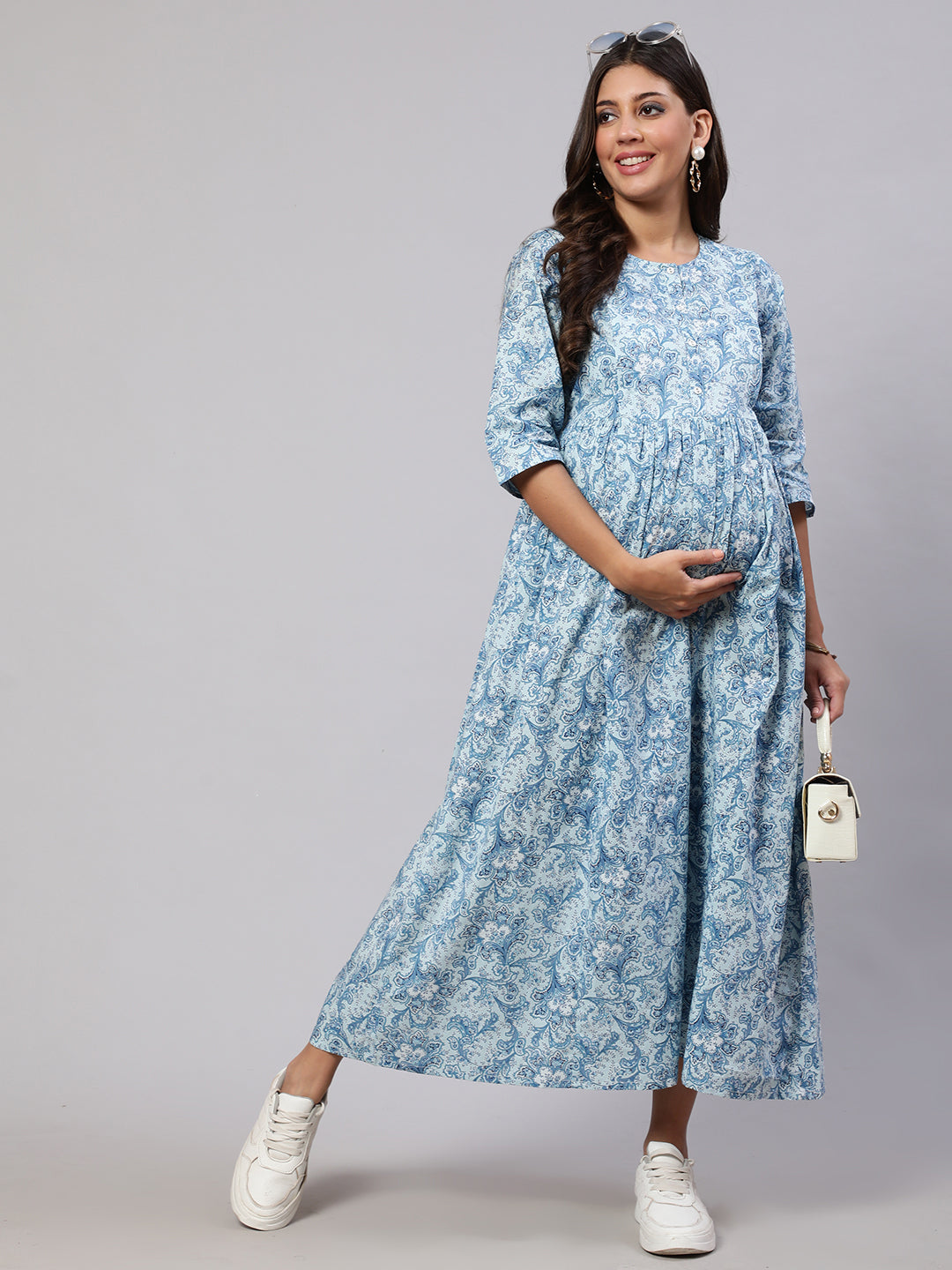Women's Blue Printed Flared Maternity Dress