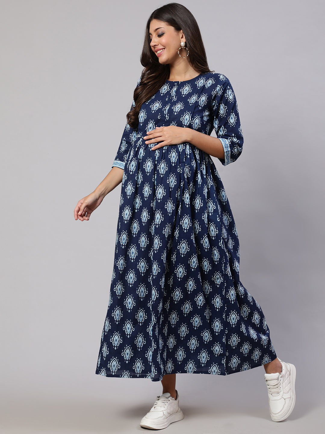 Women's Navy Blue Printed Flared Maternity Dress
