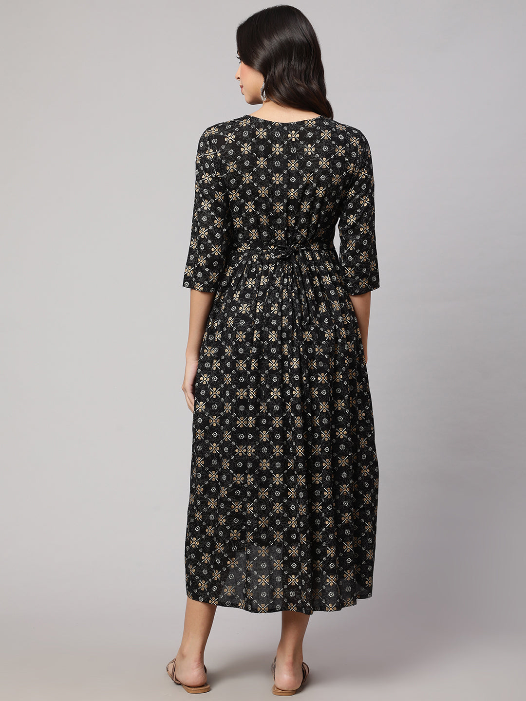 Women's Black & Gold Printed Flared Maternity Dress