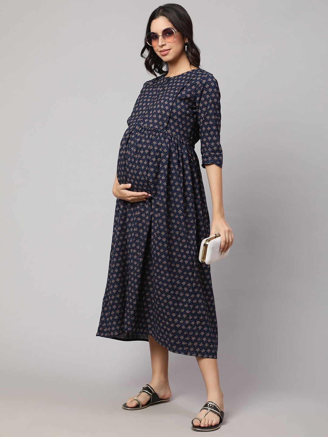 Women's Navy Blue Printed Flared Maternity Dress