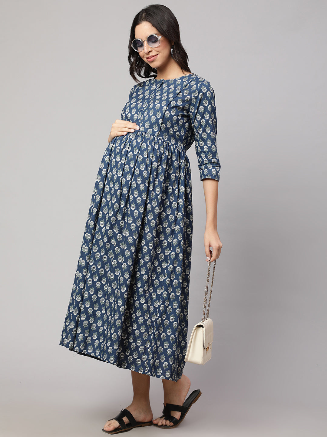 Women's Blue Printed Flared Maternity Dress