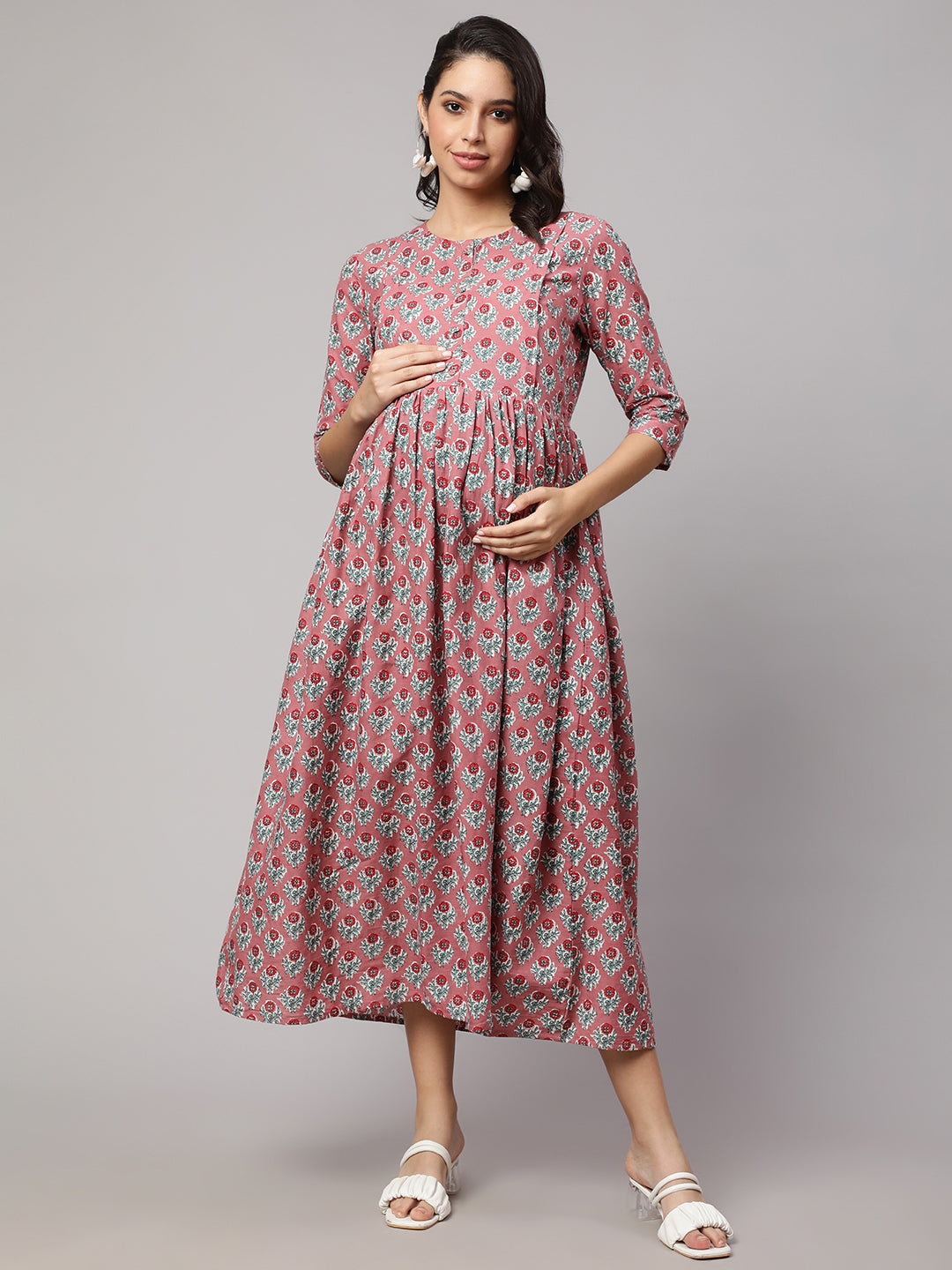 Women's Mauve Floral Printed Flared Maternity Dress