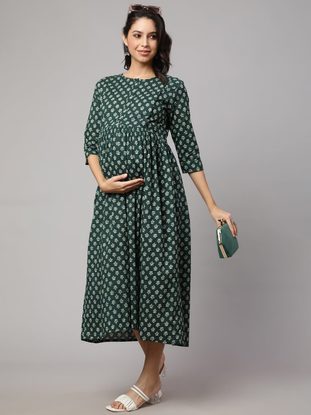 Women's Green Ethnic Printed Maternity Dress