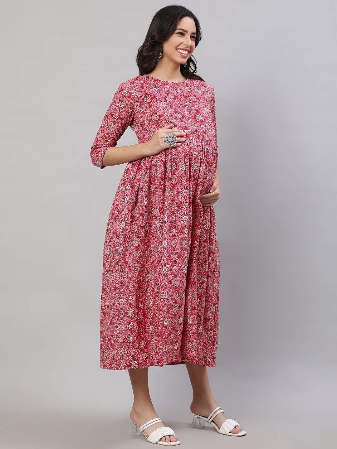 Women's Pink Printed Flared Maternity Dress