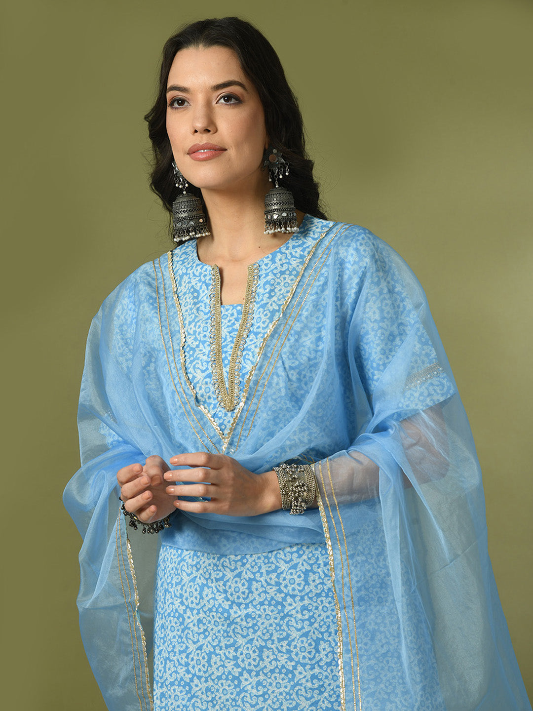 Women's Blue Printed Cotton Straight Party Kurta Sets With Dupatta