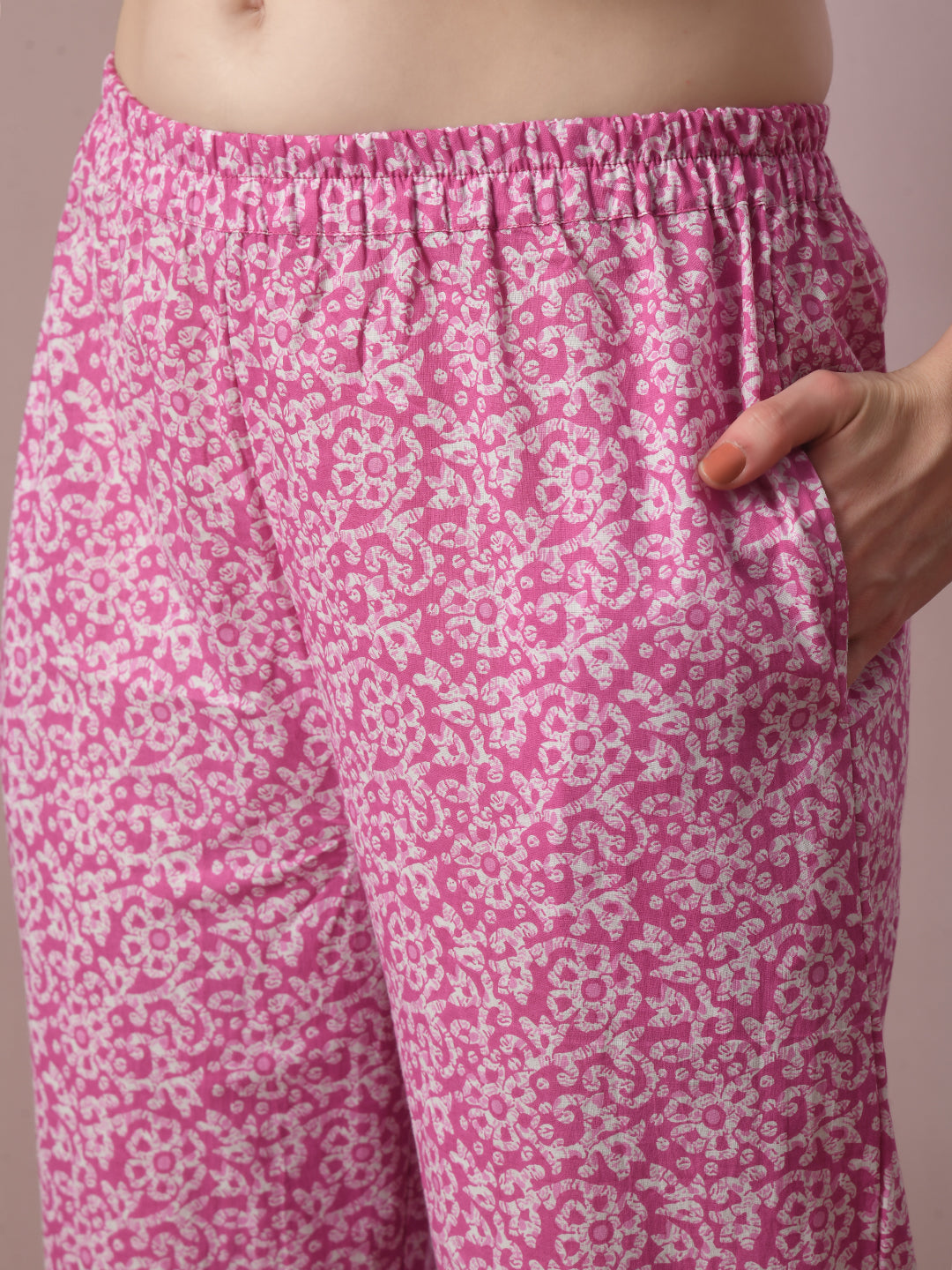 Women's Pink Printed Cotton Straight Party Kurta Sets With Dupatta