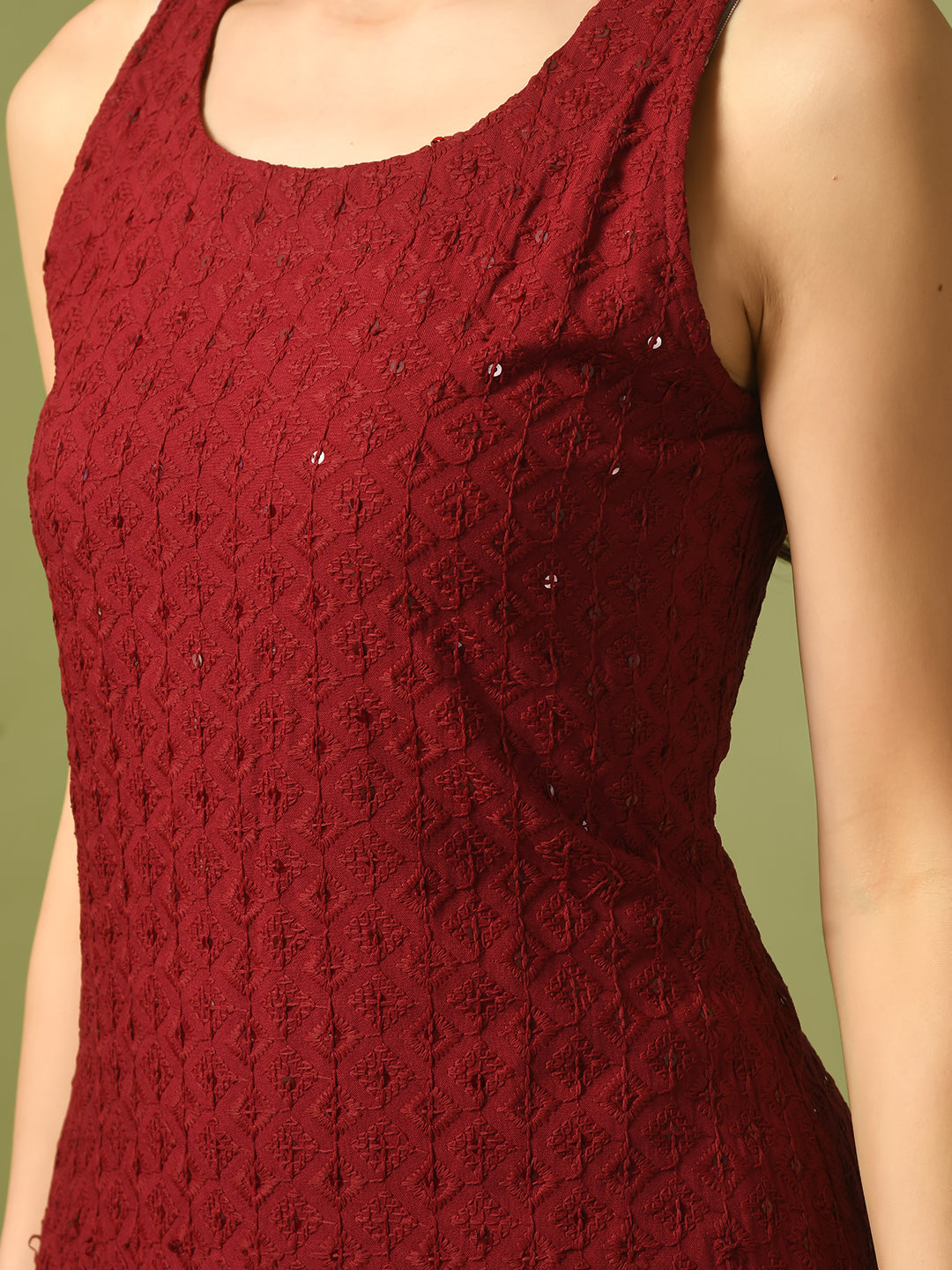 Women's Maroon Embroidered Cotton Straight Party Kurta Sets With Dupatta